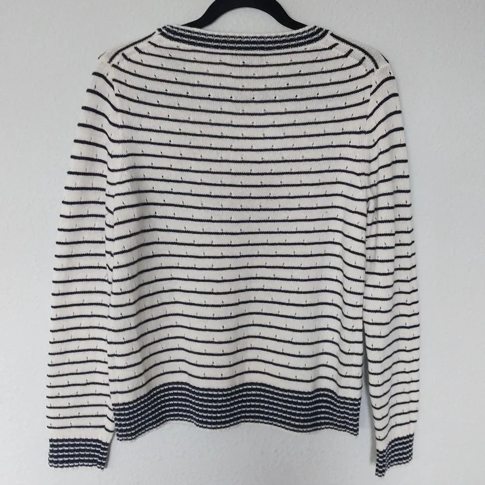 J. Crew Navy & Ivory Stripe Crewneck Pointelle Knit Wool/Alpaca Blend Sweater